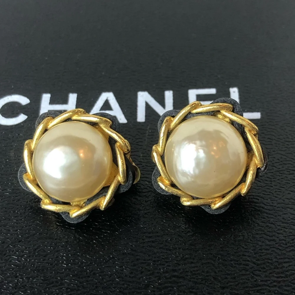 CHANEL Gold and Black Leather Wrapped Pearl Statement Earrings w/ Box